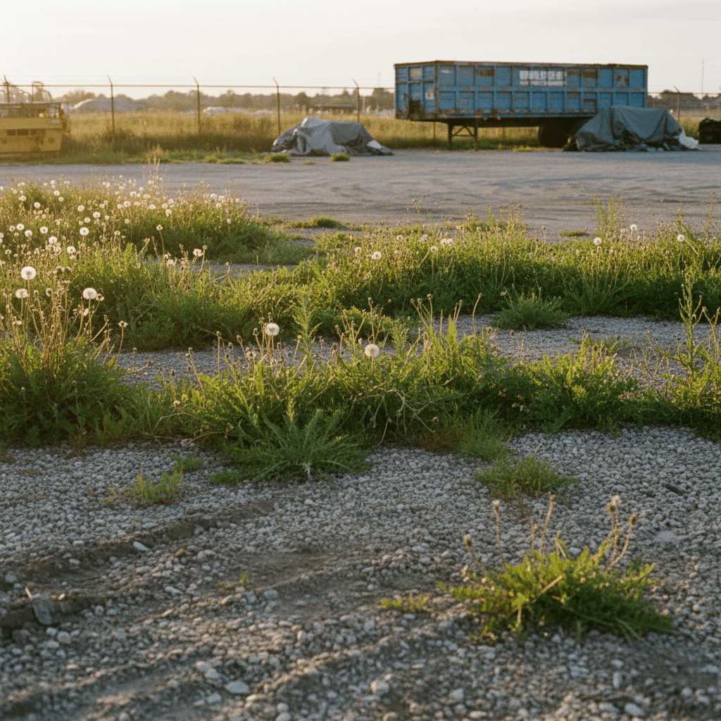 Gravel yard with vegetation overgrowth before weed control treatment